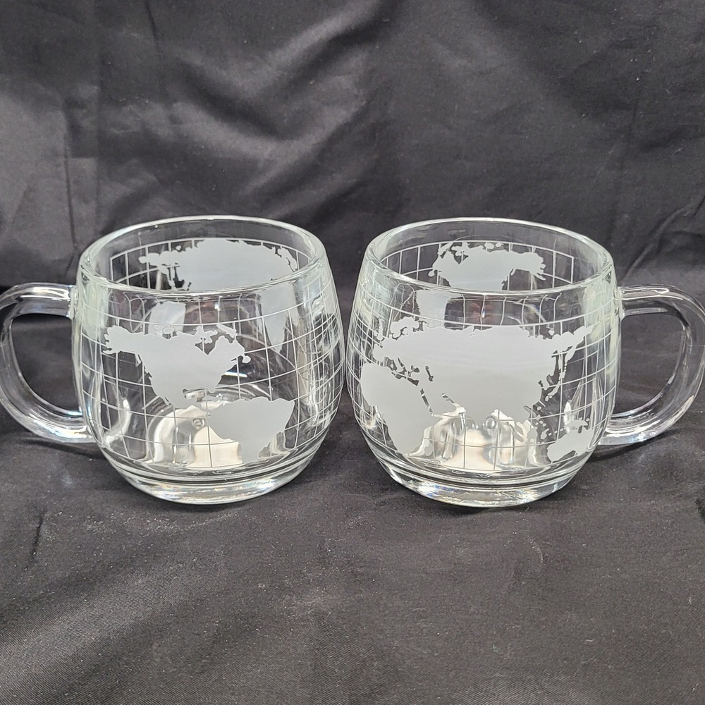 2 Nestle Nescafe World Map Globe Glass Coffee Mugs Espresso Clear 1970s Vtg MCM